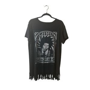 Upcycled Black Jimi Hendrix Graphic Fringe oversized t shirt 23X33